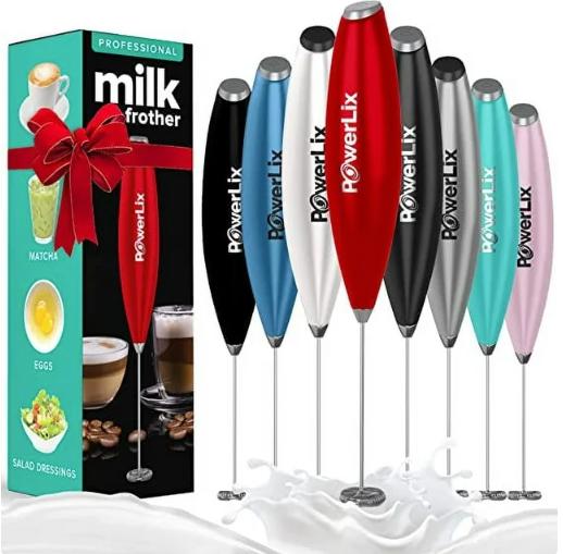 a group of milk frothers with text: 'SALAD DRESSINGS MATCHA milk PROFESSIONAL frother PowerLix PowerLix PowerLix PowerLix PowerLix PowerLix PowerLIX'