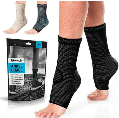 a person's feet with a black ankle brace with text: 'ANKLE BRACE'