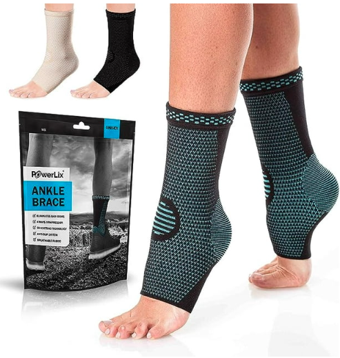 a person's legs with a ankle brace with text: 'PowerLix ANKLE BRACE'