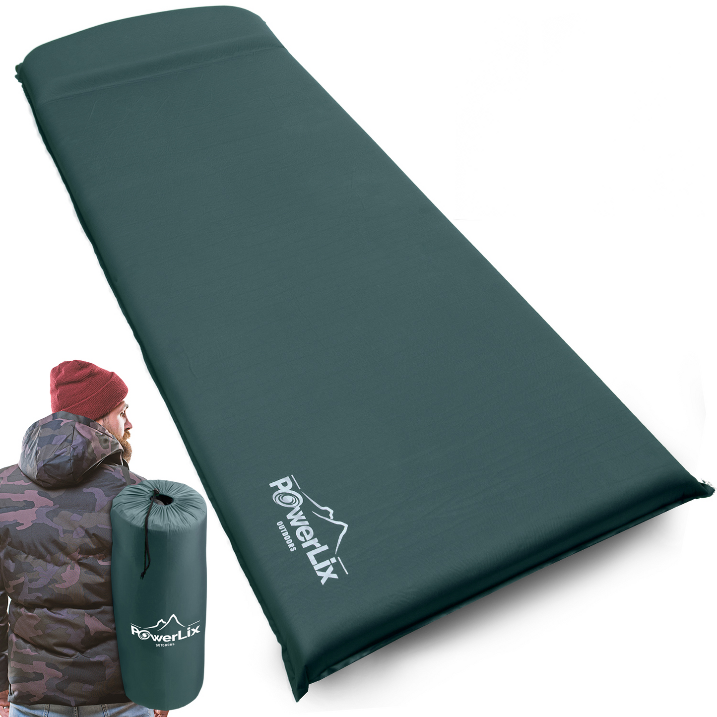 a person standing next to a sleeping bag with text: 'PowerLix OUTDOORS PowerLix'