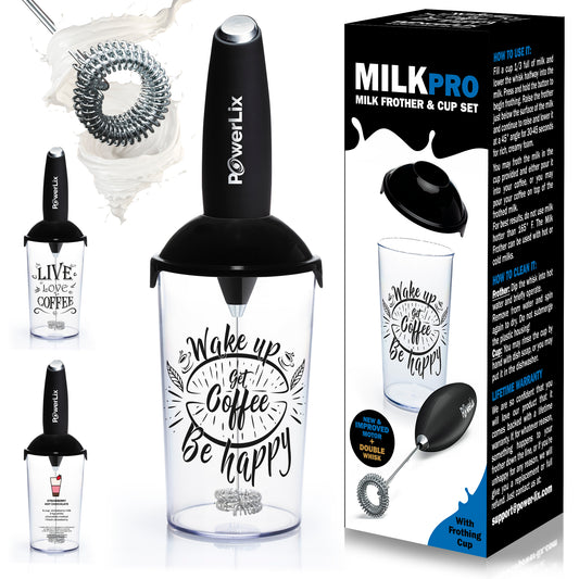 a close up of a blender with text: 'MILKPRO MILK FROTHER & CUP SET HOW TO USE IT: Fill a cup 1/3 full of milk and lower the whisk halfway into the POwerLix milk. Press and hold the button to begin frothing. Raise the frother PowerLix just below the surface of the milk and continue to raise and lower it at a angle for 30-45 seconds for rich, creamy foam. COFFEE You may froth the milk in the cup provided and either pour it into your coffee, or you may pour your coffee on top of the frothed milk. For best resu