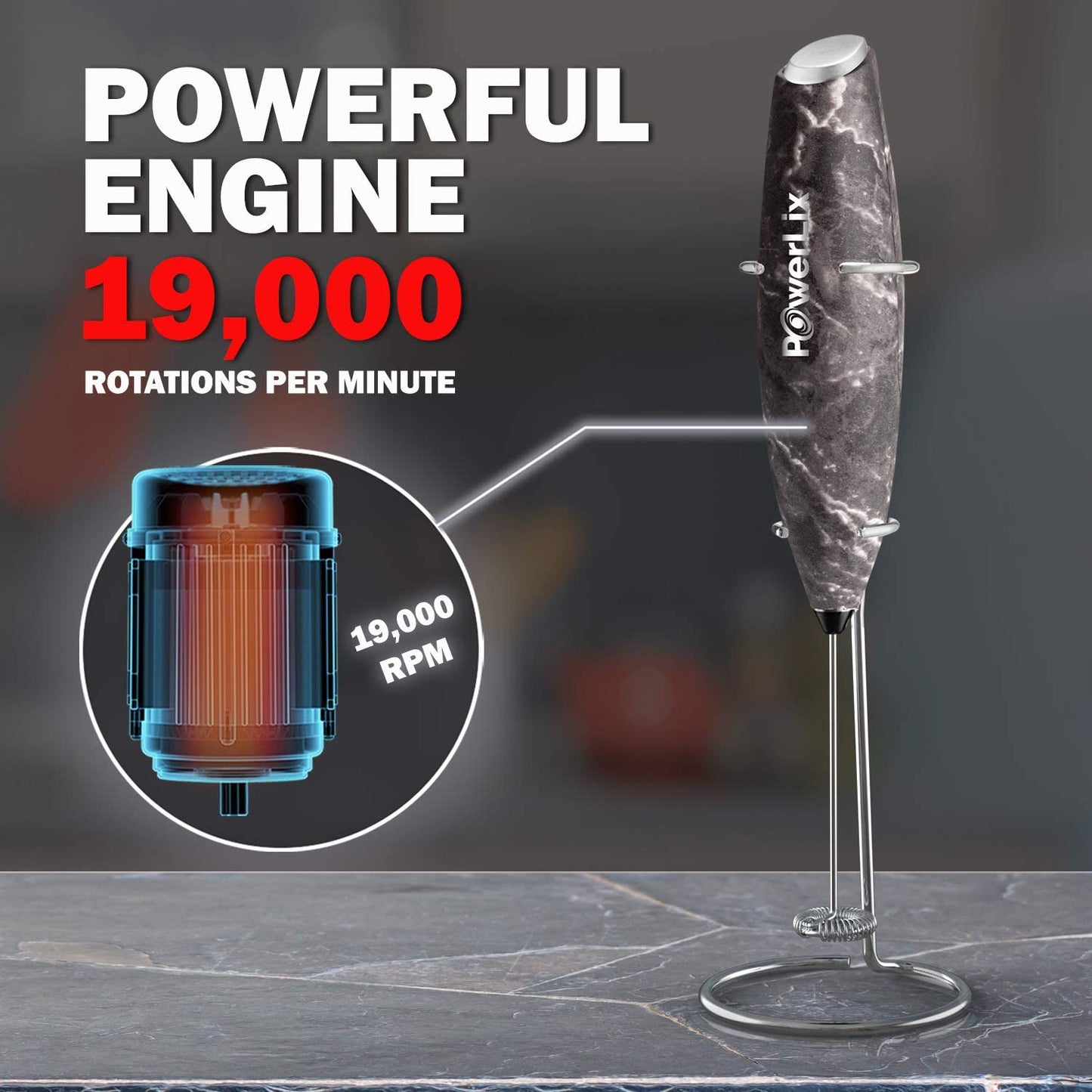 a black and white object on a stand with text: 'POWERFUL ENGINE 19,000 PowerLix ROTATIONS PER MINUTE 19,000 RPM'