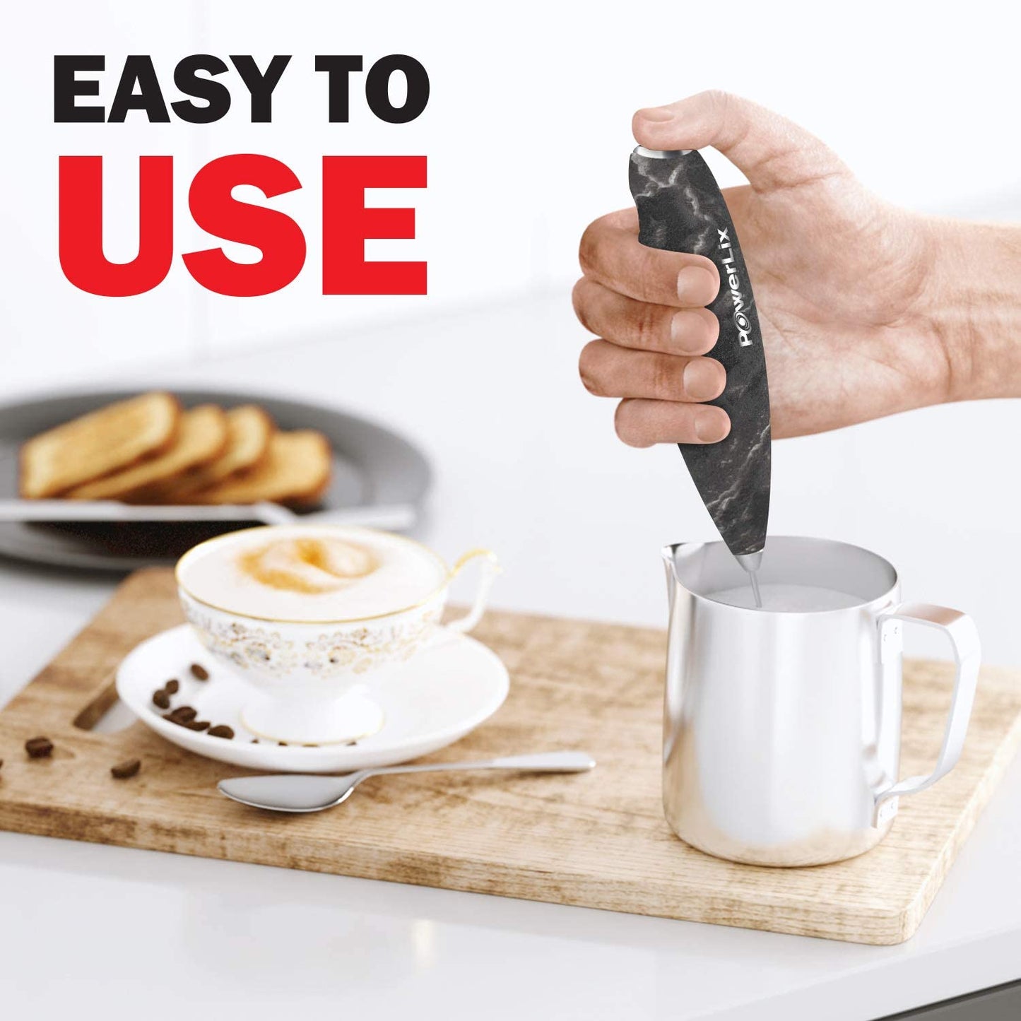 a person's hand holding a knife into a cup of liquid with text: 'EASY TO USE PowerLix'