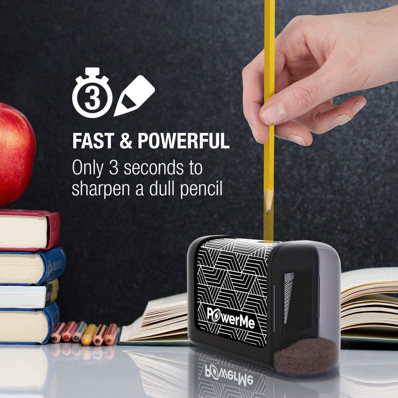 a hand holding a pencil to a pencil sharpener with text: '3 FAST & POWERFUL Only 3 seconds to sharpen a dull pencil PowerMe'