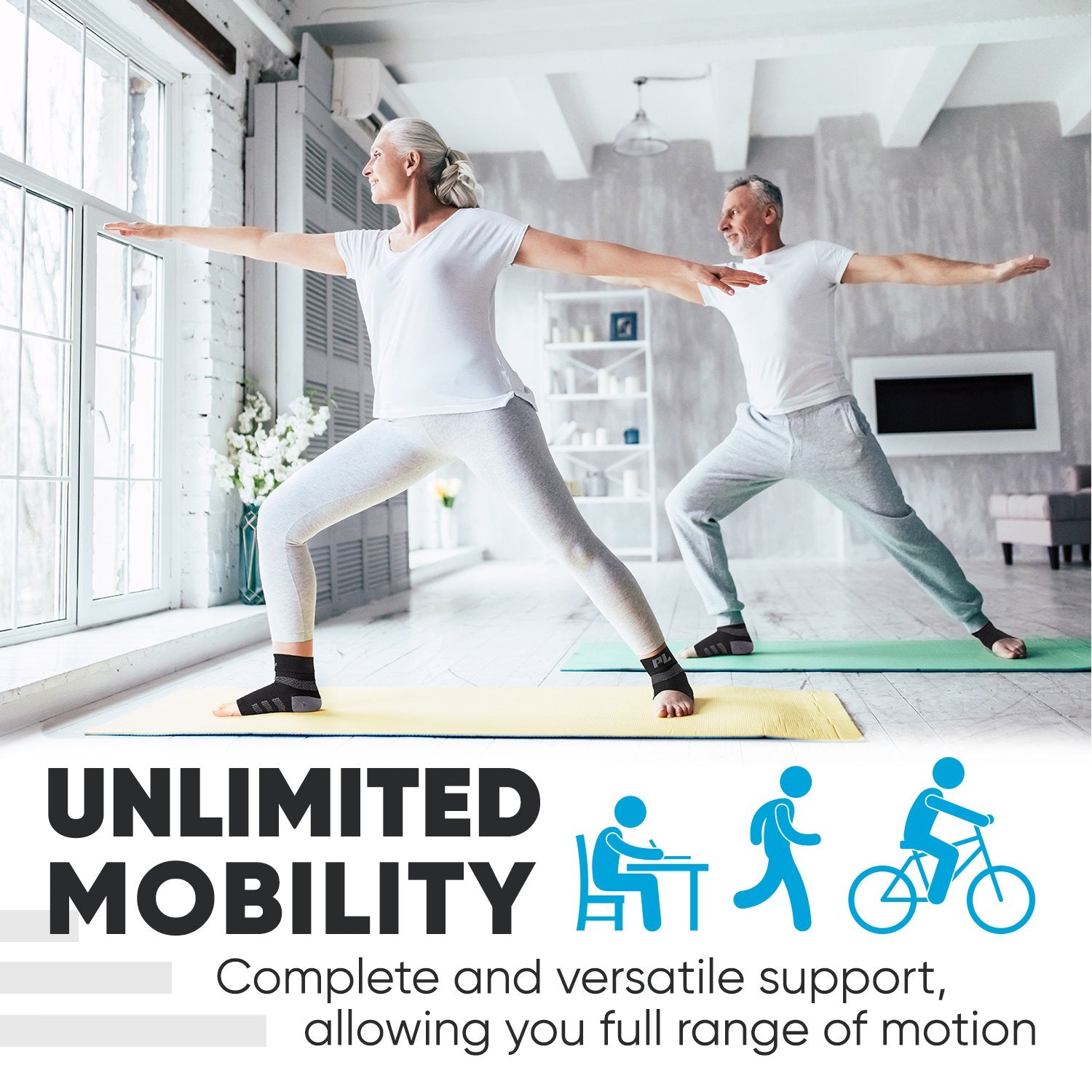 Powerlix plantar fasciitis support socks on two models stretching on yoga mats. Text below reads. "Unlimted mobility. Complete and versatile support allowing you full range of motion."