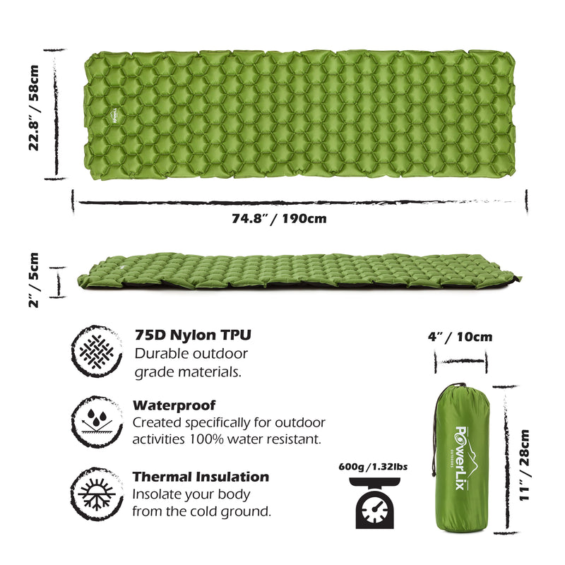 a green camping mat with instructions with text: '22.8" / 58cm 74.8" / 190cm 2" / 5cm 75D Nylon TPU 4" / 10cm Durable outdoor grade materials. Waterproof Created specifically for outdoor PowerLix activities 100% water resistant. Thermal Insulation 600g / 1.32lbs Insolate your body 11" / 28cm from the cold ground.'