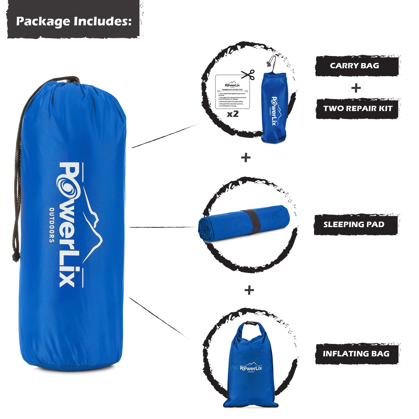 a blue bag with white text and black text with text: 'Package Includes: CARRY BAG PowerLix + REPAIRING KIT INSTRUCTION PowerLix 4. patch or p TWO REPAIR KIT + PowerLix OUTDOORS SLEEPING PAD + INFLATING BAG PowerLix'