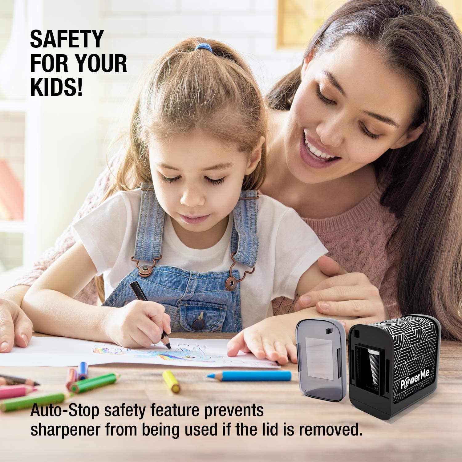 a person and a child drawing with text: 'SAFETY FOR YOUR KIDS! POwerMe Auto-Stop safety feature prevents sharpener from being used if the lid is removed.'
