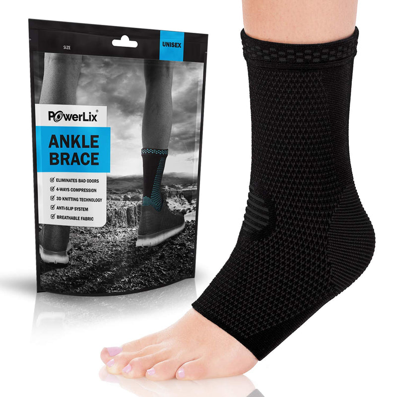 Black fabric ankle brace worn on a model. A bag in the background with and image of the ankle brace on the bag with the text "Powerlix Ankle Brace"