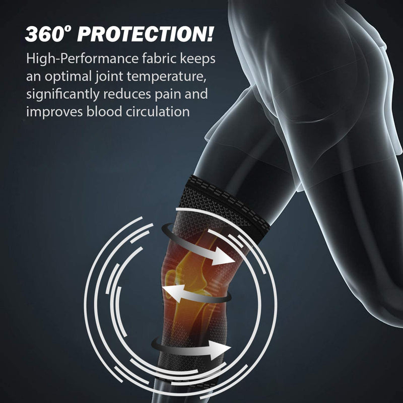 a close-up of a leg with text: '360º PROTECTION! High-Performance fabric keeps an optimal joint temperature, significantly reduces pain and improves blood circulation'