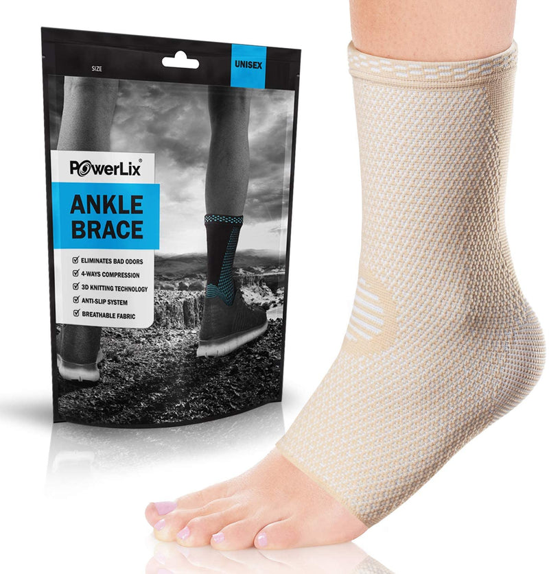 Beige fabric ankle brace worn on a model. A bag in the background with and image of the ankle brace on the bag with the text "Powerlix Ankle Brace"