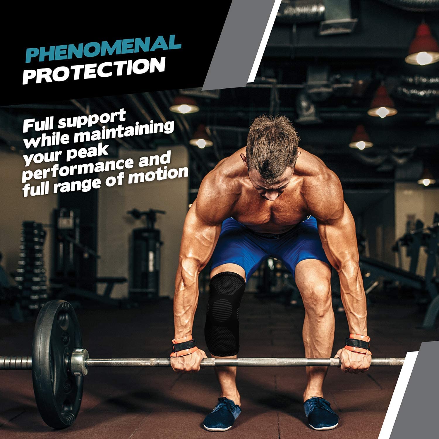 a person lifting a barbell with text: 'PHENOMENAL PROTECTION Full support while maintaining your peak performance and full range of motion'