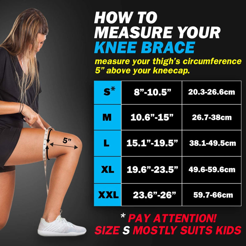 a person measuring her knee with measuring tape with text: 'HOW TO MEASURE YOUR KNEE BRACE measure your thigh\'s circumference 5" above your kneecap. S* 20.3-26.6cm M 10.6"-15" 26.7-38cm 6 7 8 5" L 38.1-49.5cm 9 10 11 12 5 26 27 XL 49.6-59.6cm XXL 59.7-66cm * PAY ATTENTION! SIZE S MOSTLY SUITS KIDS'