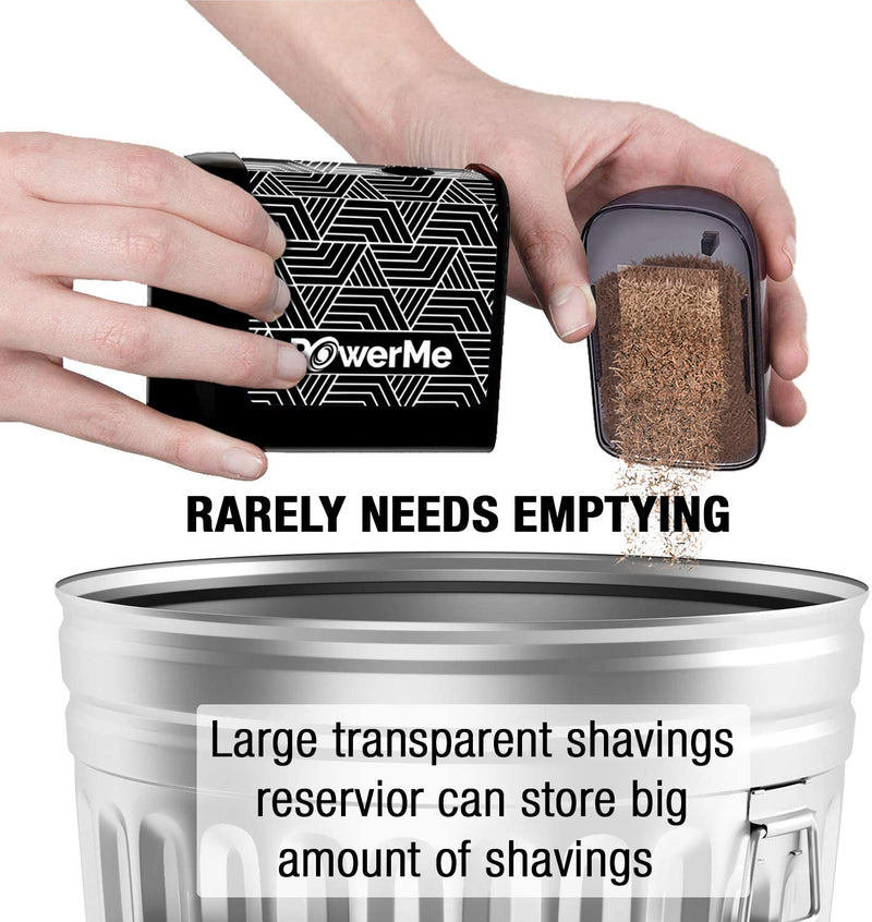 a person's hands holding a container of shavings with text: 'OwerMe RARELY NEEDS EMPTYING Large transparent shavings reservior can store big amount of shavings'