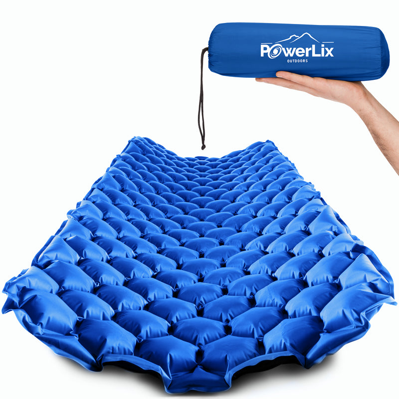 Blue inflated sleeping pad, also show stored in the Powerlix Outdoors bag, held by a hand.