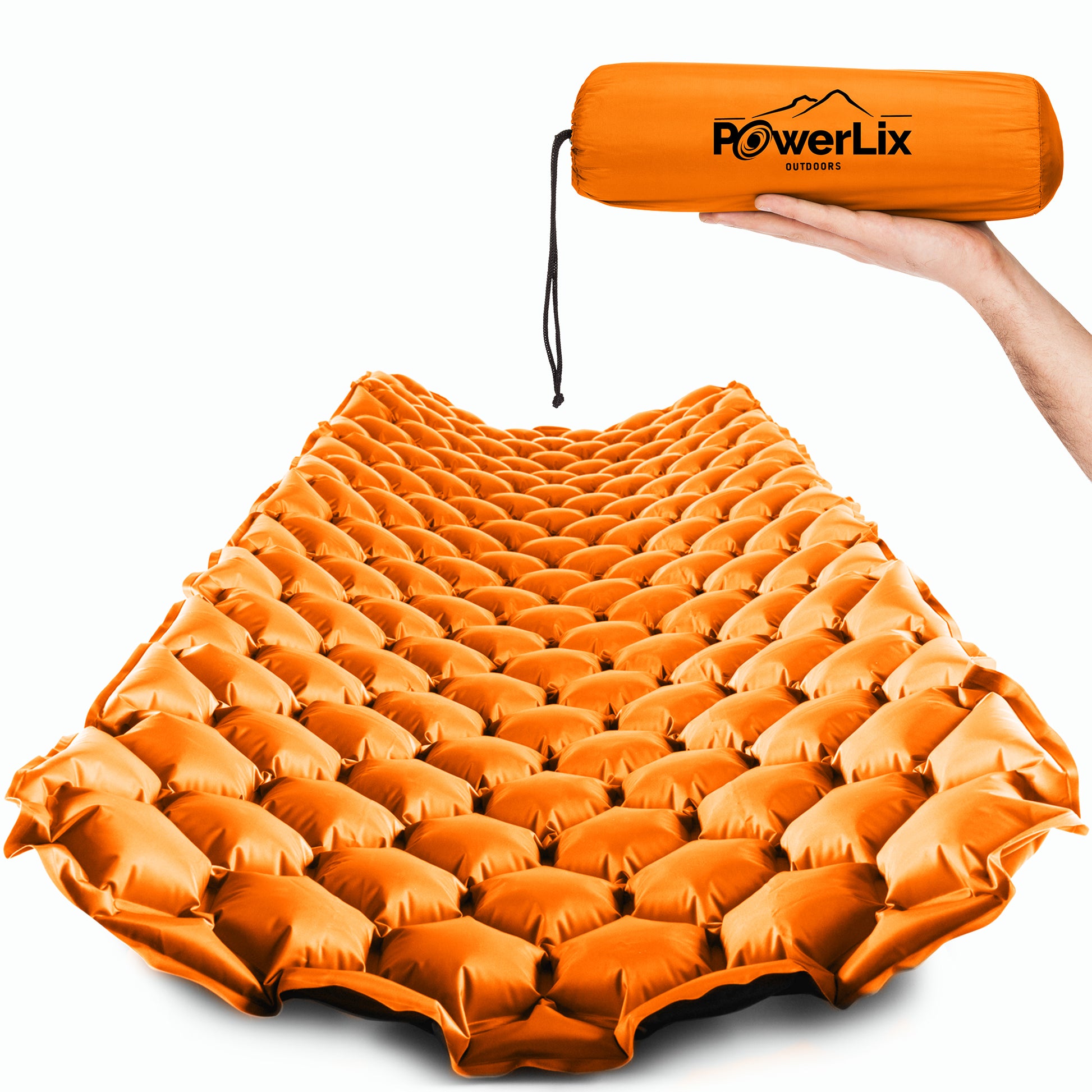 Orange inflated sleeping pad, also show stored in the Powerlix Outdoors bag, held by a hand.