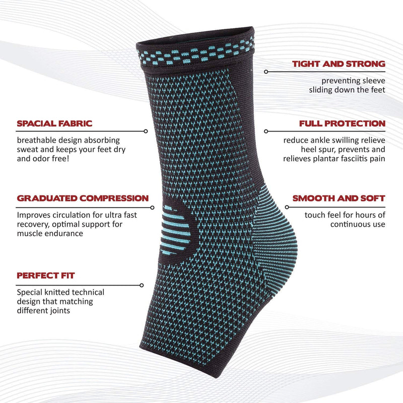 Blue and black fabric ankle brace featured. There is text point to the brace that reads, "Spacial fabric, Graduated compression, Perfect fit, Tight and strong, Full protections, Smooth and soft."