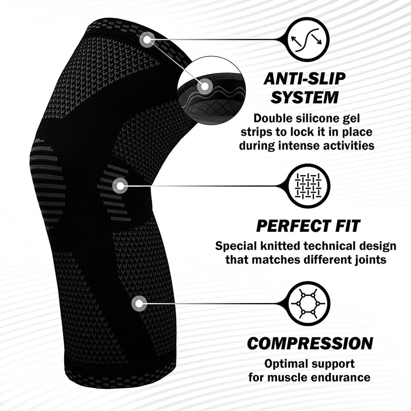 a black knee pad with white text with text: 'ANTI-SLIP SYSTEM Double silicone gel strips to lock it in place during intense activities PERFECT FIT Special knitted technical design that matches different joints COMPRESSION Optimal support for muscle endurance'