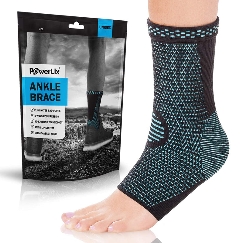 Blue and black fabric ankle brace worn on a model. A bag in the background with and image of the ankle brace on the bag with the text "Powerlix Ankle Brace"