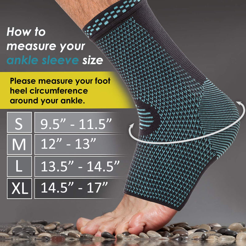 Blue and black fabric ankle braces worn on a model. Text reads, "How to measure you ankle sleeve size. Please measure your foot heel circumference around your ankle. S: 9.5" - 11.5". M: 12" - 13". L: 13.5" - 14.5". XL: 14.5" - 17"."