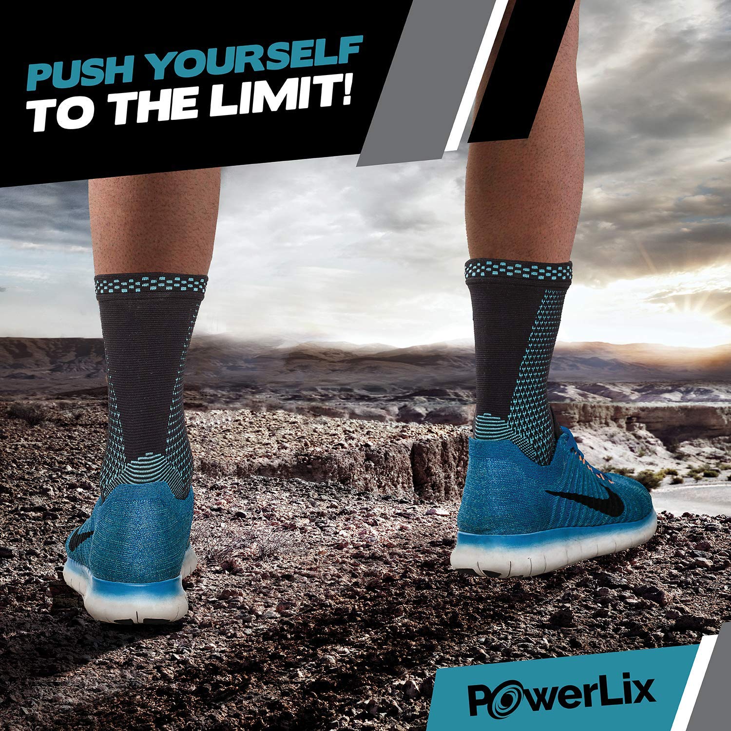 Blue and black fabric ankle braces worn on a model. Top text reads "Push yourself to the limit!" Lower text reads "Powerlix."