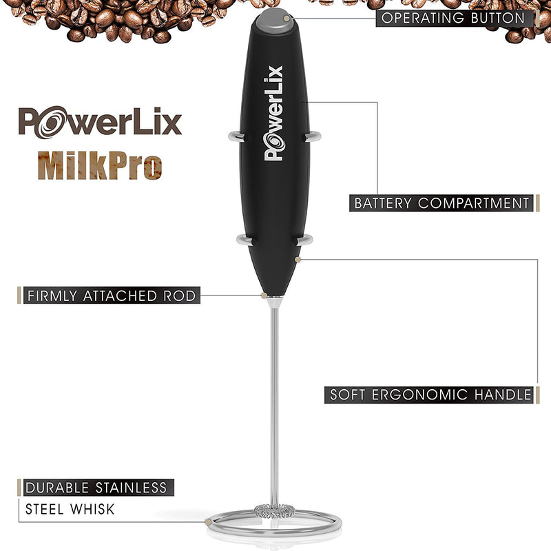 Powerlix milk frother on its stand. Text reads, "Powerlix MilkPro." Lines point to the milk frother. Texts read, "Operationg button, battery compartment, firmly attached rod, soft ergonomic handle, durable stainless steel whisk."