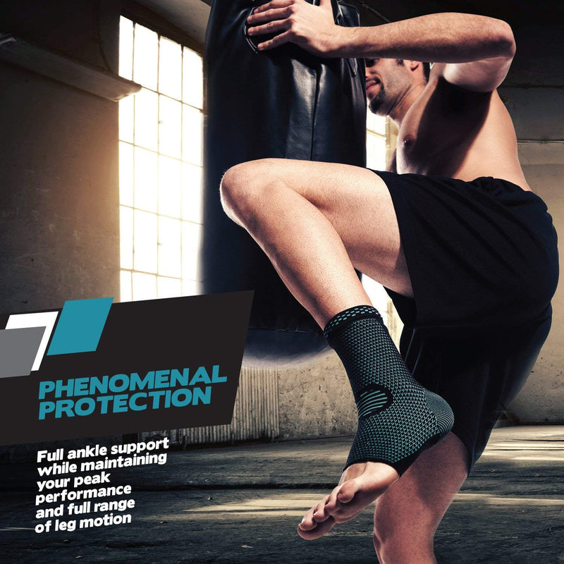 Blue and black fabric ankle braces worn on a model kickboxing. Text reads, "Phenomenal protection! Full ankle support while maintain your peak performance and full range of motion."