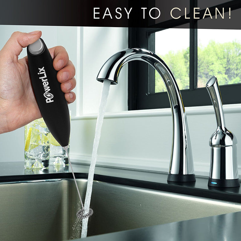 Powerlix milk frother at a sink, under running water. Text above reads "Easy to clean!"