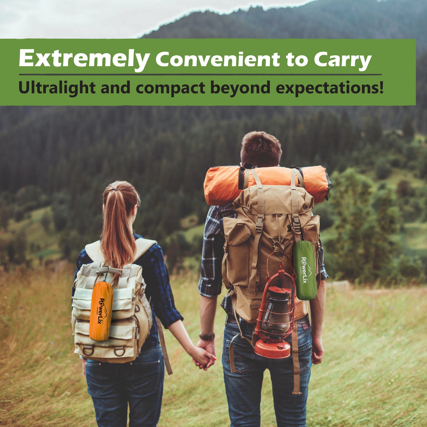 A man and a woman hiking into the mountails with packs, holding hands. Stored Powerlix sleeping pads are attached to their packs. Upper text reads, "Extremely convenient to carry. Ultralight and compact beyond expectations."