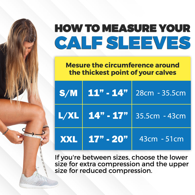  Model measuring her calf. Text reads, "How to measure you calf sleeves. Measure the circumference around the thickest point of your calves. S/M: 11-14" of 28-35.5cm. L/XL: 14-17" or 35.5-43cm. XXL: 17-20" or 43-51cm." Lower text reads, "If you're between sizes, choose the lower size for extra compression and the upper size for lower compression."