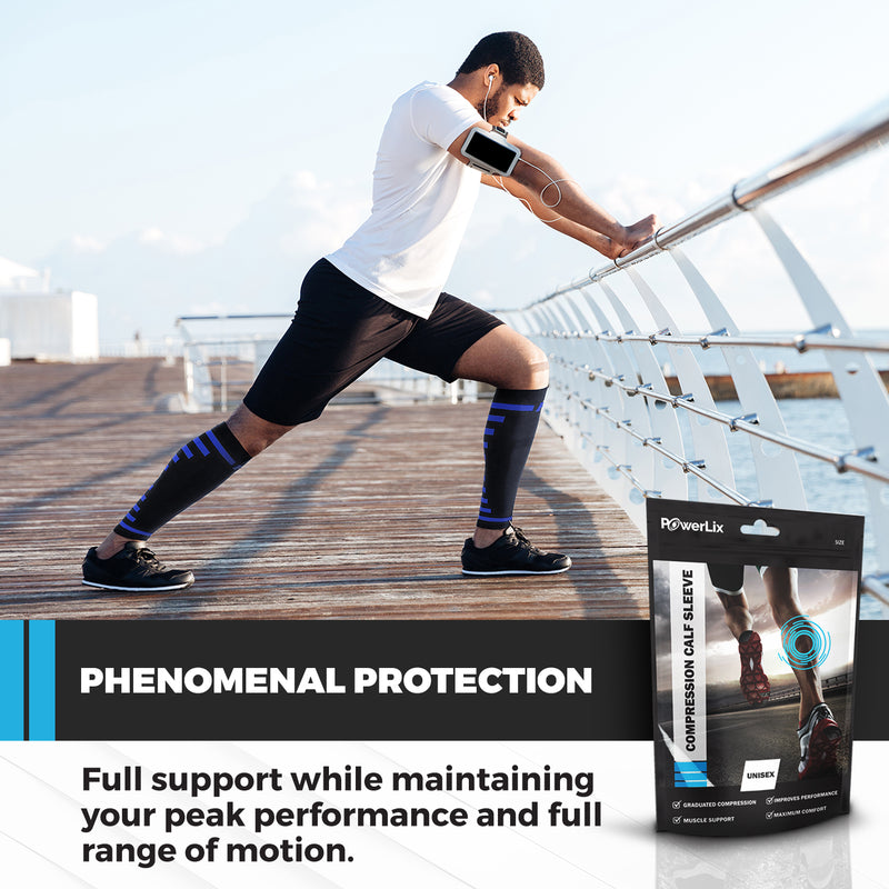 Model wearing Powerlix calf compression sleeves while stretching for a run. Lower text reads, "Phenomenal protection. Full support while maintain your peak performance and full range of motion."