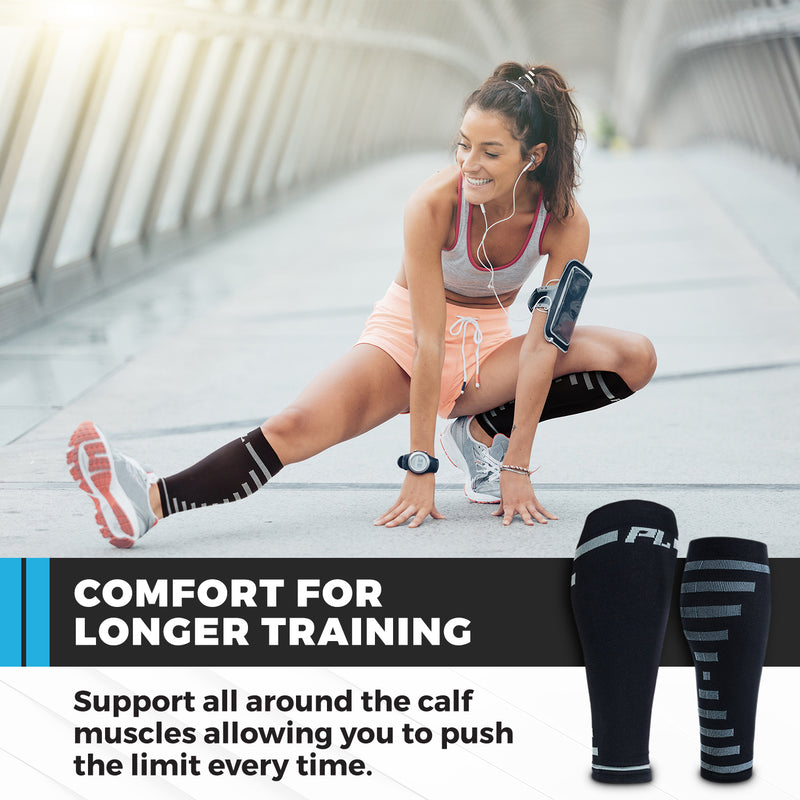 Model wearing Powerlix calf compression sleeves while stretching for a run. Lower text reads, "Comfort for longer training. Support all around the calf muscles allowing you to push to the limit every time."