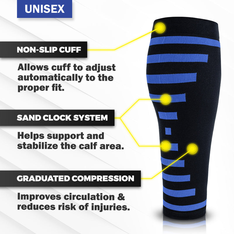 a black and blue sock with yellow dots with text: 'UNISEX NON-SLIP CUFF Allows cuff to adjust automatically to the proper fit. SAND CLOCK SYSTEM Helps support and stabilize the calf area. GRADUATED COMPRESSION Improves circulation & reduces risk of injuries.'