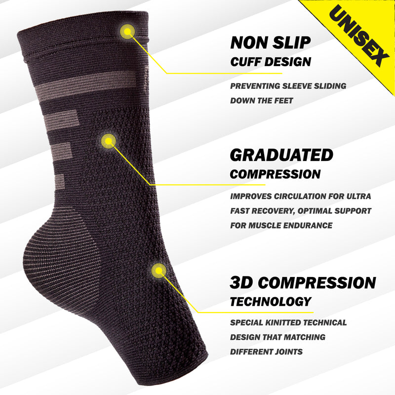 a black sock with yellow dots with text: 'UNISEX NON SLIP CUFF DESIGN PREVENTING SLEEVE SLIDING DOWN THE FEET GRADUATED COMPRESSION IMPROVES CIRCULATION FOR ULTRA FAST RECOVERY, OPTIMAL SUPPORT FOR MUSCLE ENDURANCE 3D COMPRESSION TECHNOLOGY SPECIAL KINITTED TECHNICAL DESIGN THAT MATCHING DIFFERENT JOINTS'