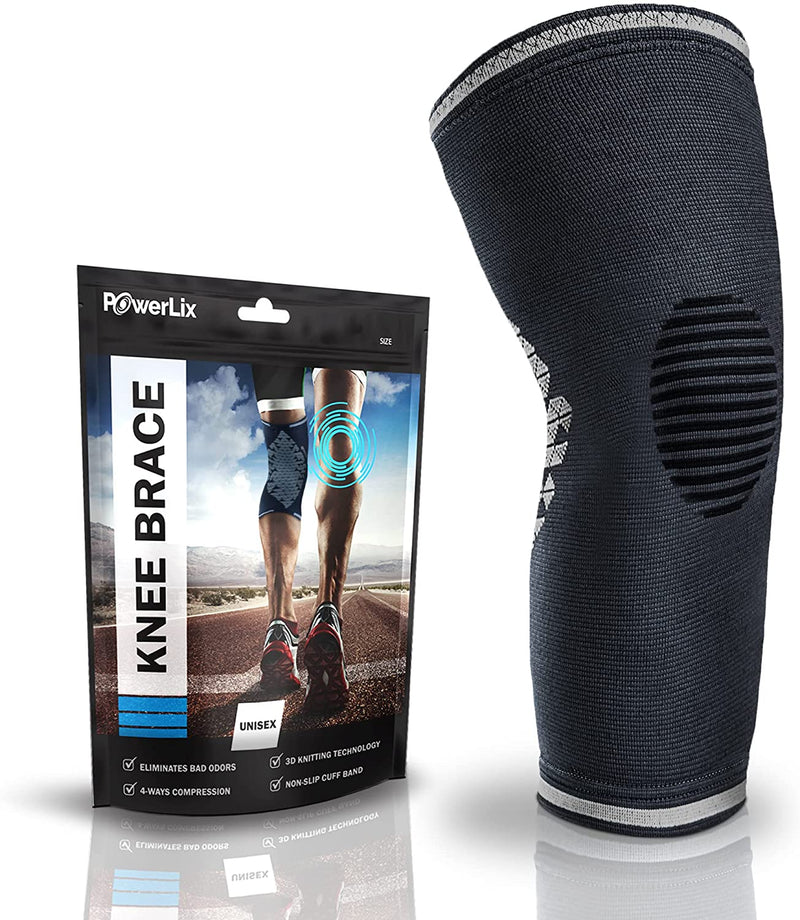 a black knee brace and a package with text: 'PowerLix SIZE KNEE BRACE UNISEX ELIMINATES BAD ODORS 3D KNITTING TECHNOLOGY COMPRESSION CUFF BAND BVD 30'
