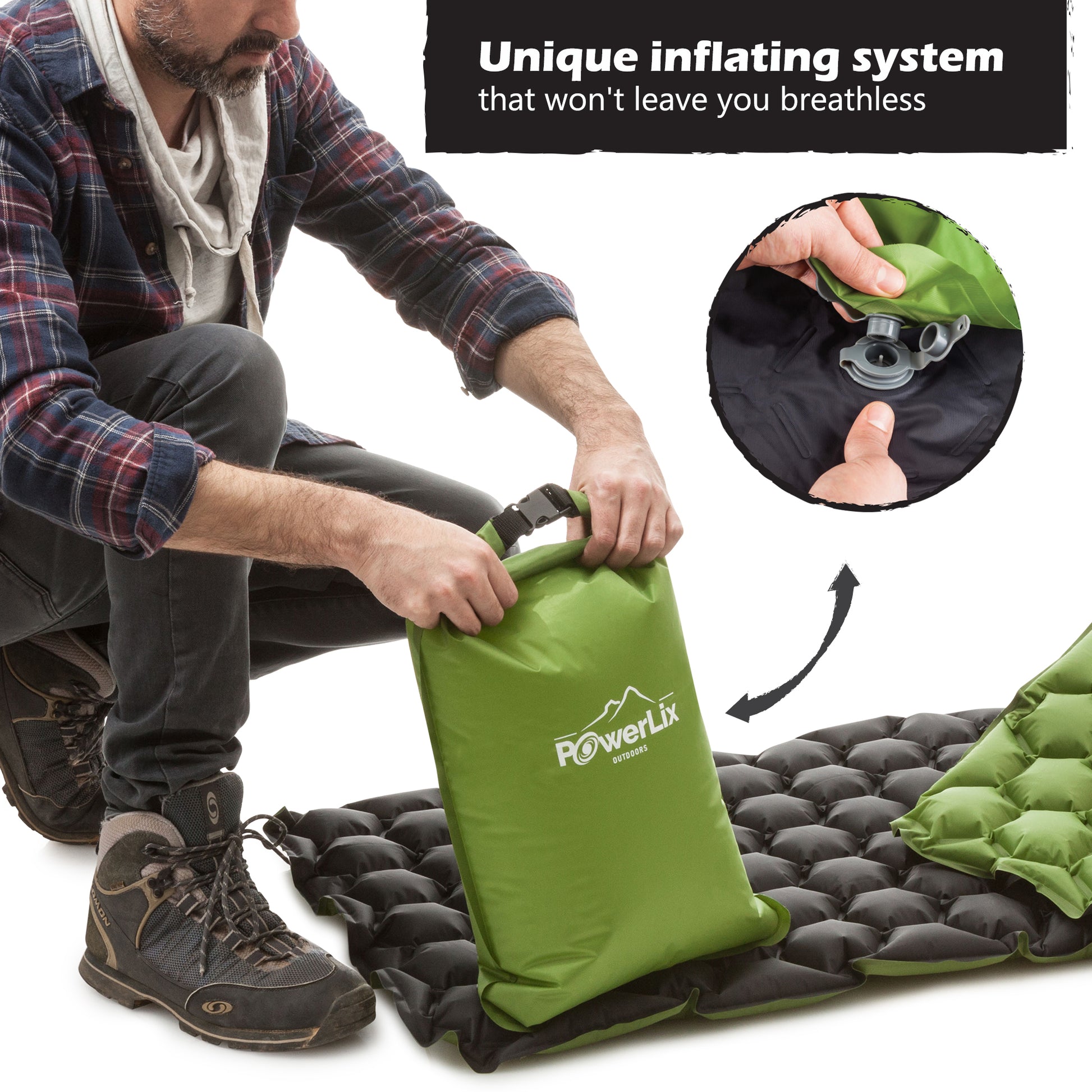 Model inflating a green Powerlix sleeping pad with the bag system. Above text reads, "Unique inflating system that won't leave you breathless."