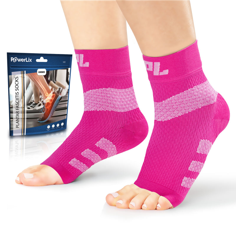 Powerlix plantar fasciitis support socks in pink on a model with the bag they come in behind the model.