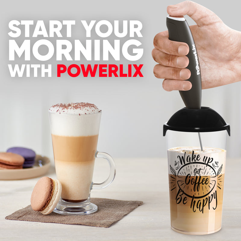 a hand holding a blender next to a glass of liquid with text: 'START YOUR MORNING WITH POWERLIX PowerLix Wake up Be'