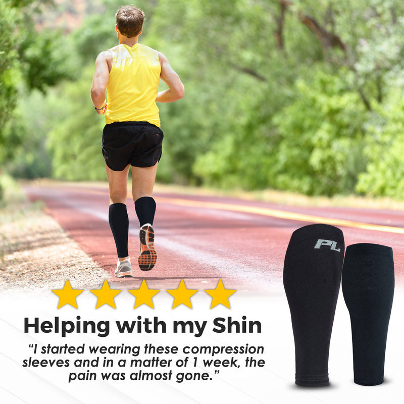 a person running on a road with text above with text: 'Helping with my Shin "I started wearing these compression sleeves and in a matter of 1 week, the pain was almost gone."'