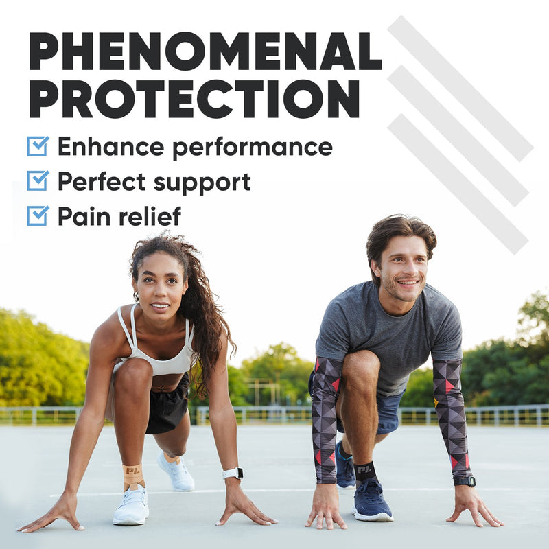 Two runners preparing to run wearing PowerLixPlantar Fasciitis Support Socks. Text above reads, "Phenomenal Protection. Enhance performance, Perfect support, pain relief."