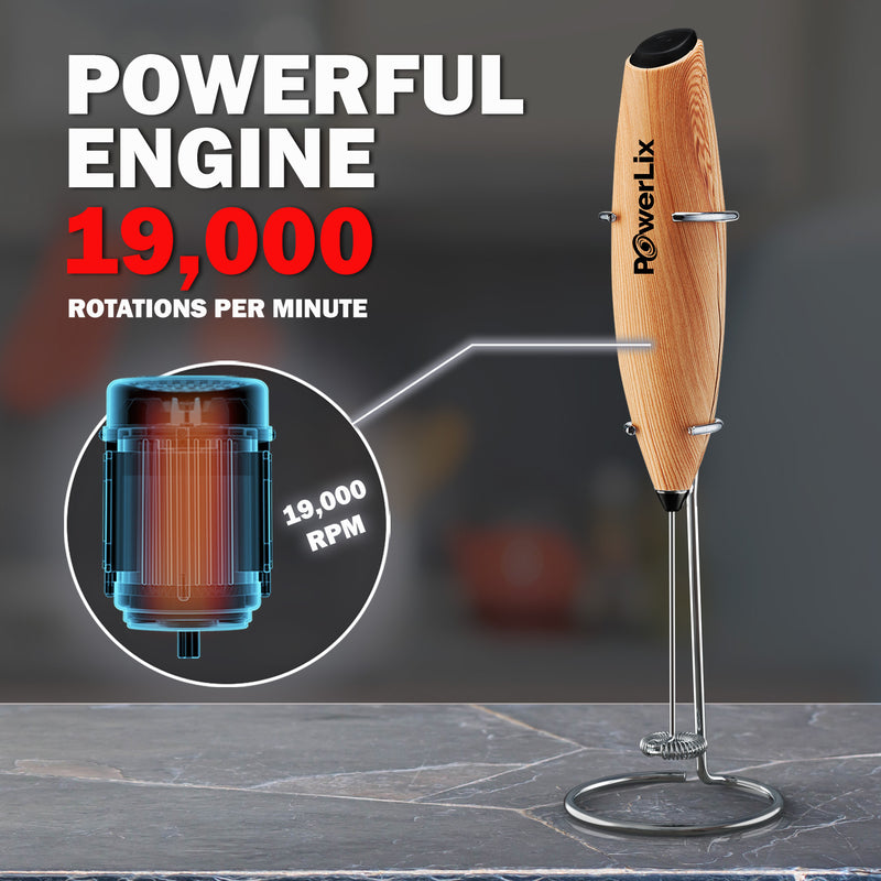 Powerlix milk frother in wooden. Text reads "Powerful engine. 19000 rotations per minute."
