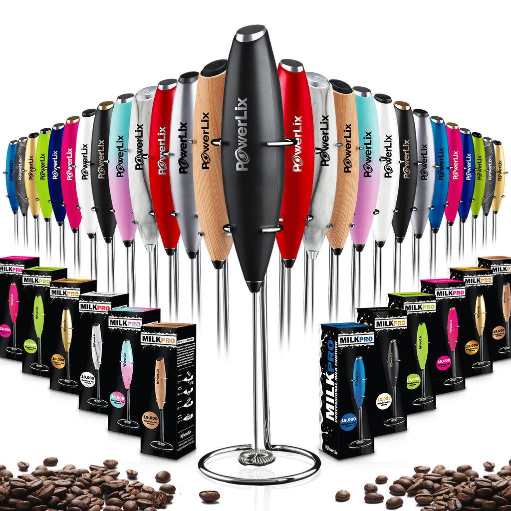 Powerlix milk frother in black with silver text.. Other colors and their boxes are displayed.
