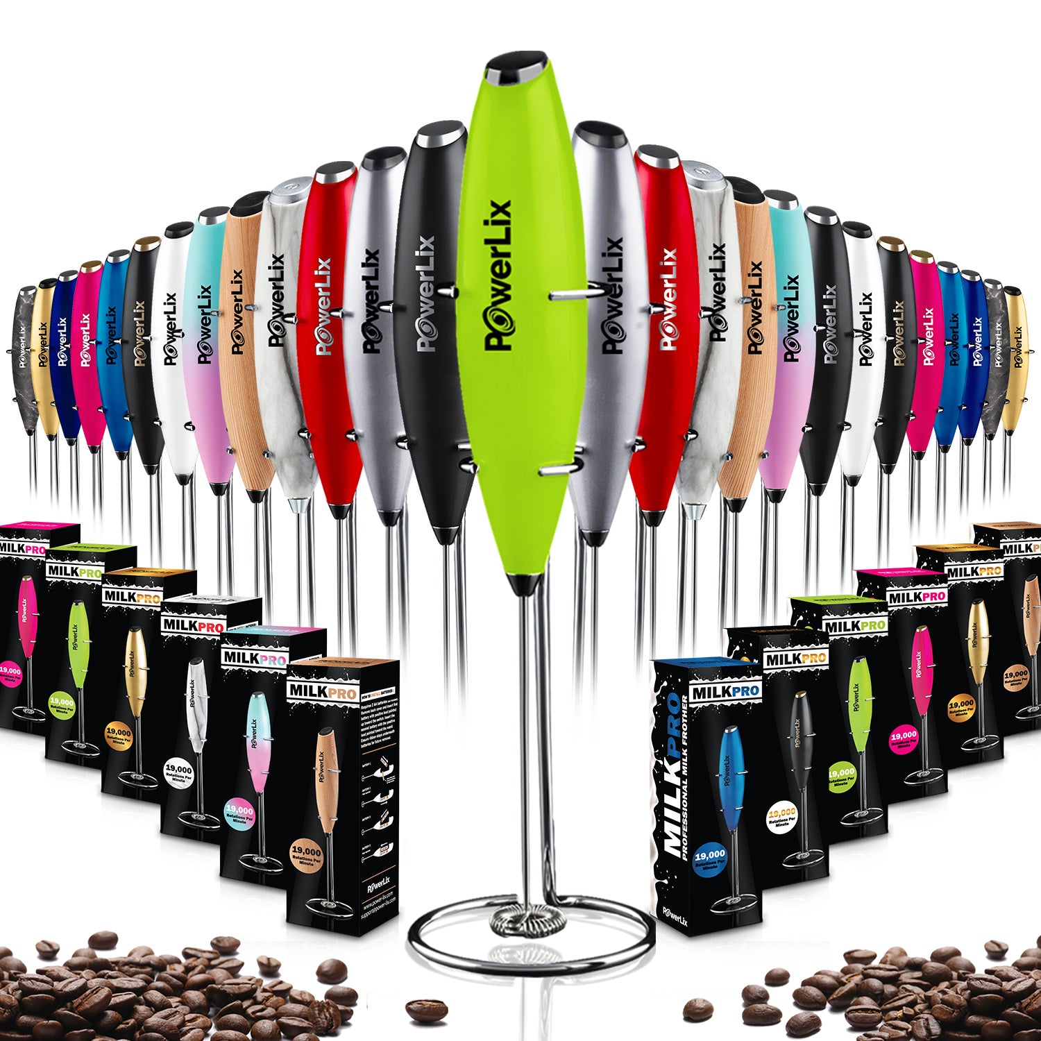 Powerlix milk frother in lime green with black text. Other colors and their boxes are displayed.