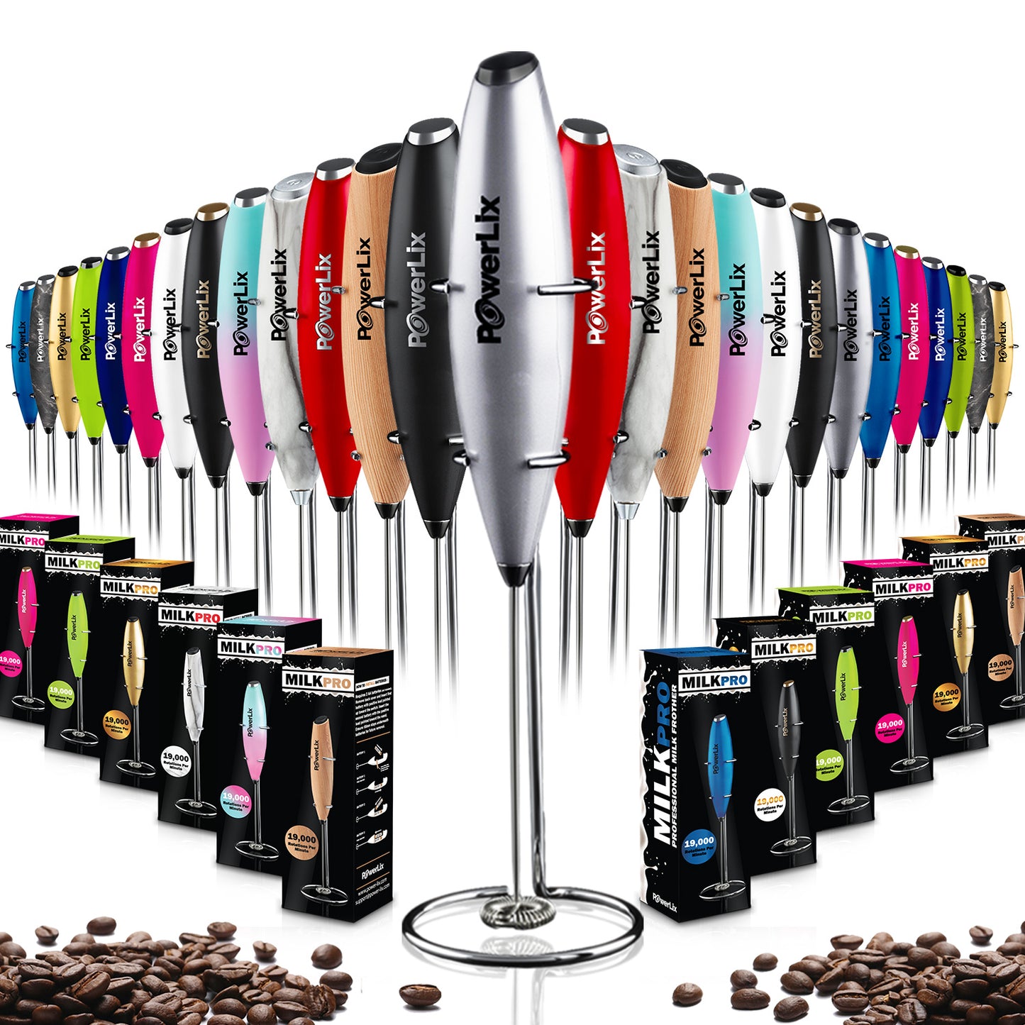 Powerlix milk frother in silver with black text. Other colors and their boxes are displayed.