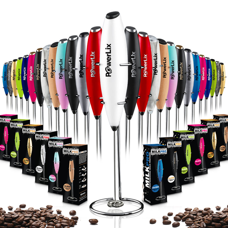 Powerlix milk frother in snow white with black text. Other colors and their boxes are displayed.