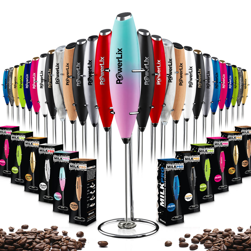 Powerlix milk frother in unicorn (pink fading to light blue)with black text. Other colors and their boxes are displayed.