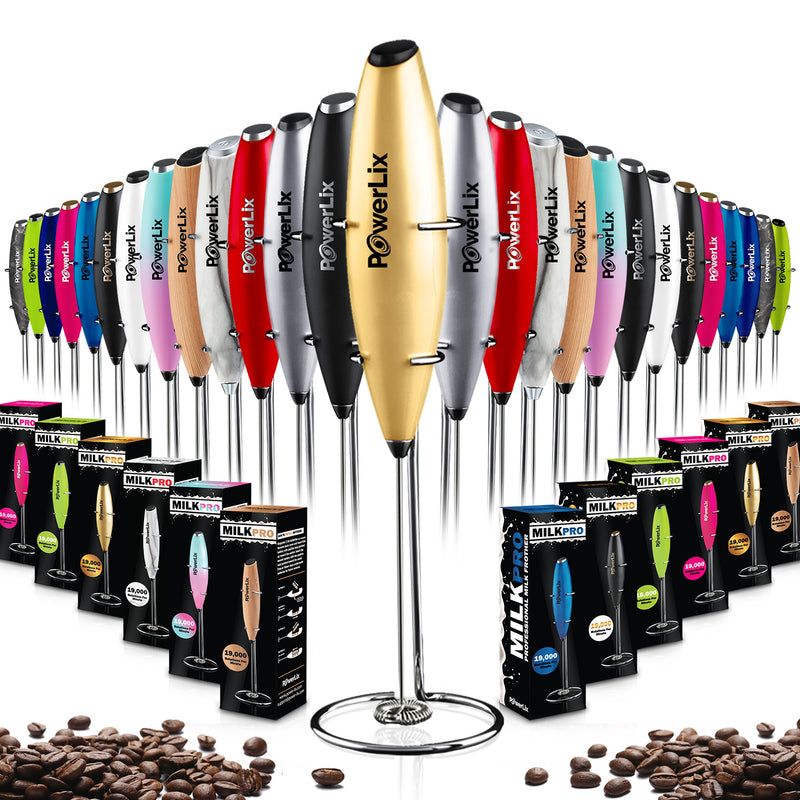 Powerlix milk frother in vegas gold with black text. Other colors and their boxes are displayed.