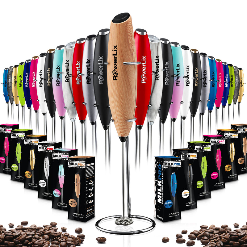 Powerlix milk frother in wooden with black text. Other colors and their boxes are displayed.