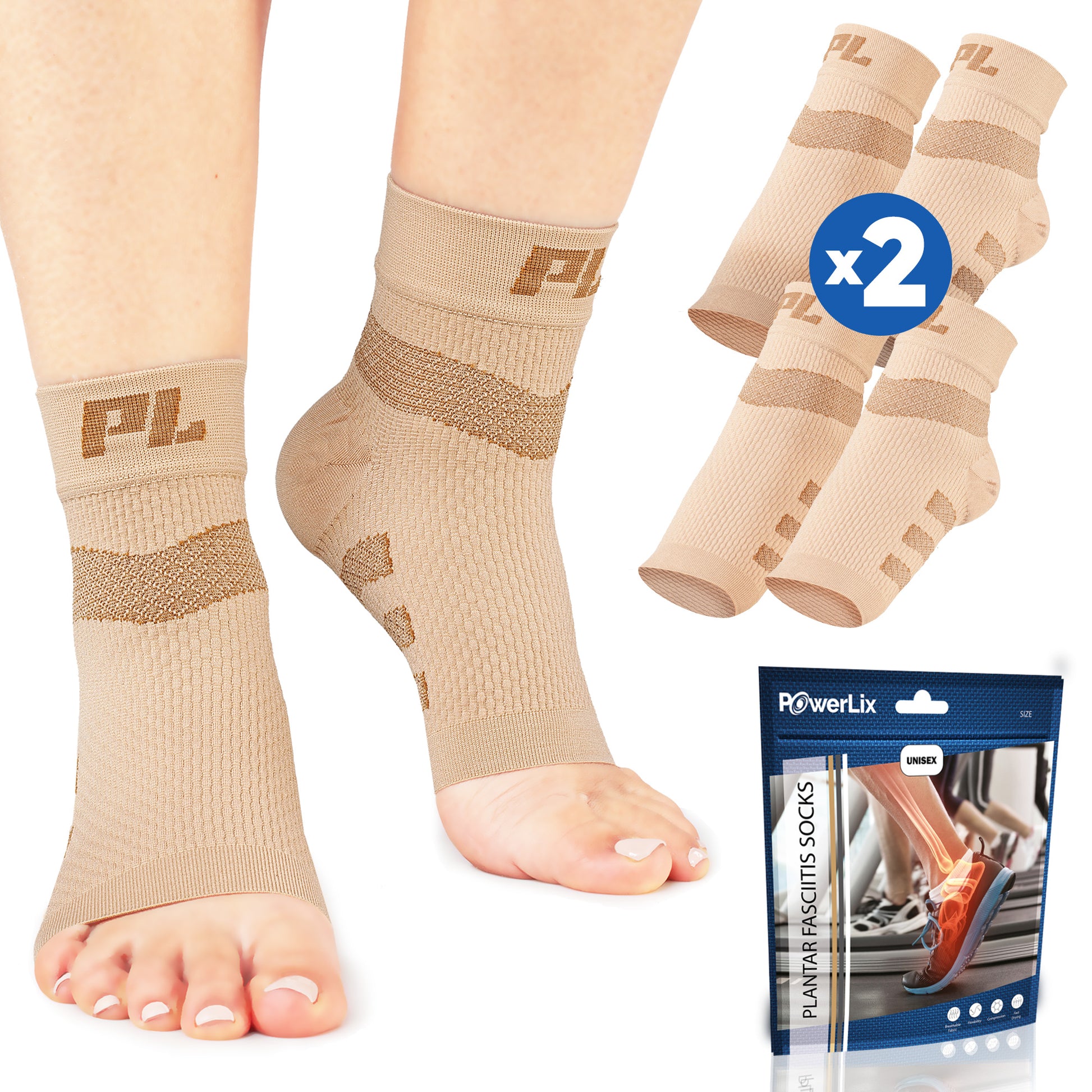 Powerlix plantar fasciitis support socks in beige on a model with the bag they come in behind the model. Two pairs of the socks are displayed in the background.