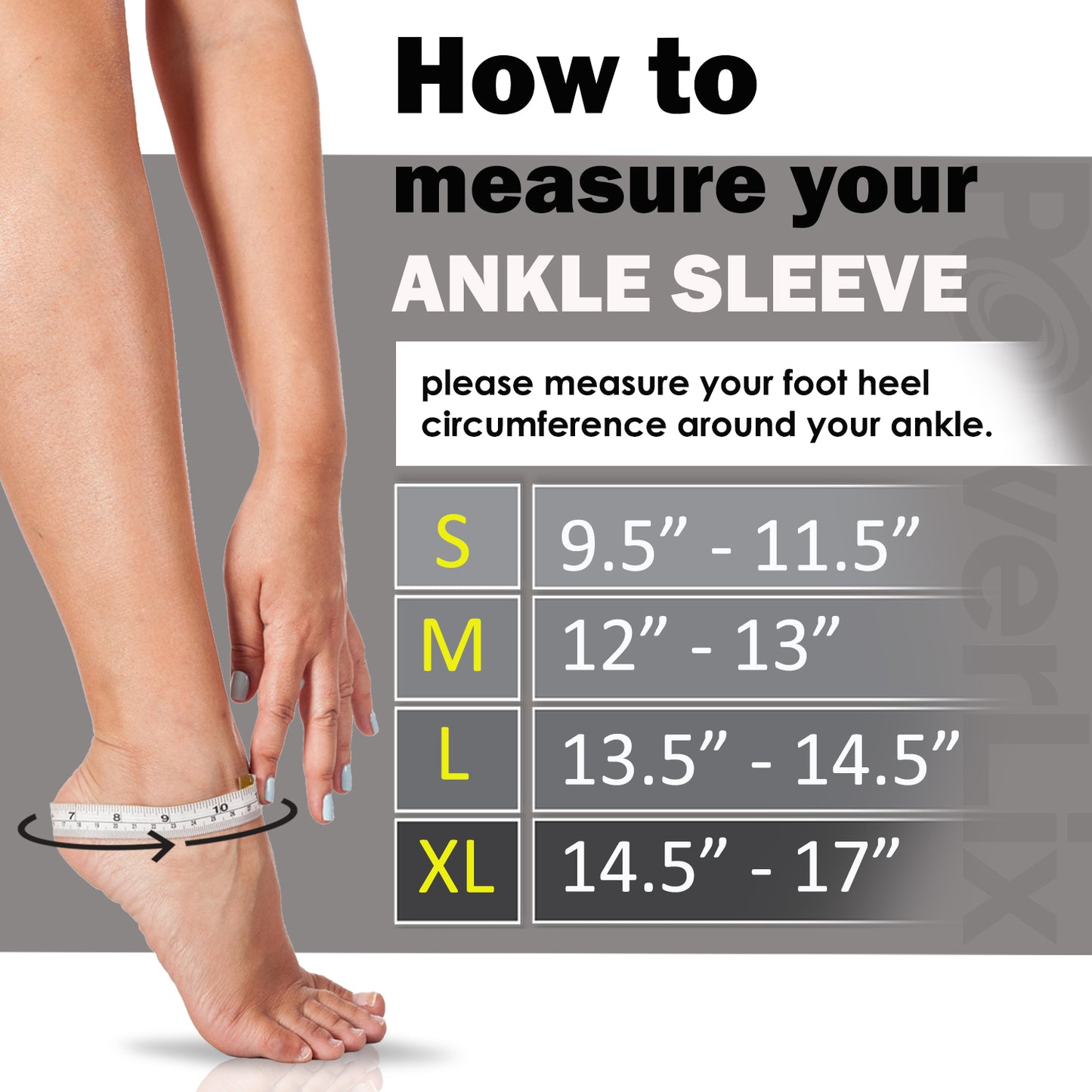 a person's feet with a measuring tape with text: 'How to measure your ANKLE SLEEVE please measure your foot heel circumference around your ankle. S 9.5" - 11.5" M 12" - 13" D L 13.5" - 14.5" 8 9 XL 14.5" - 17"'